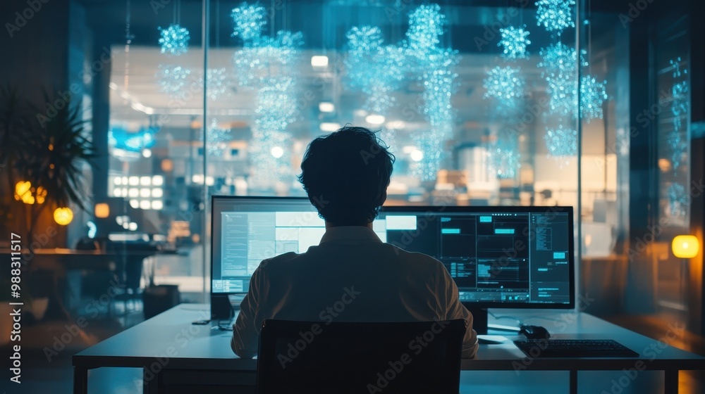 Silhouette of Person Working in a High-Tech Office at Night Silhouette of Person Working in a High-Tech Office at Night