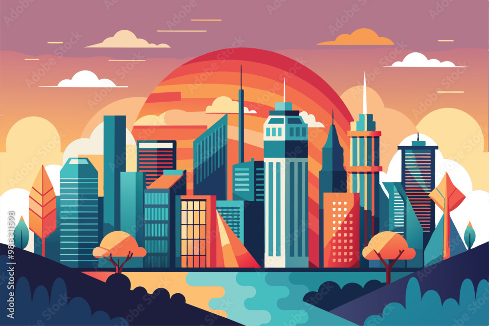 A vibrant city skyline is illuminated by a stunning sunset, with trees and hills framed at the bottom, showcasing a blend of nature and urban life. A vibrant city skyline is illuminated by a stunning sunset, with trees and hills framed at the bottom, showcasing a blend of nature and urban life.