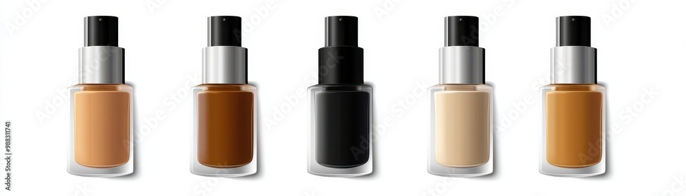 Variety of Liquid Foundation Bottles in Different Shades on a White Background Variety of Liquid Foundation Bottles in Different Shades on a White Background