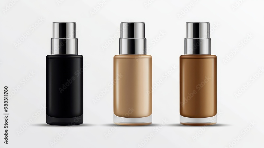 Three Elegant Cosmetic Bottles with Different Shades of Foundation on a White Background Three Elegant Cosmetic Bottles with Different Shades of Foundation on a White Background