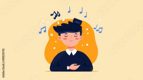 Catchy jingle stuck in head, person humming unconsciously, flat design illustration