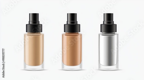 Three Cosmetic Bottles with Pump Dispensers in Different Shades on a White Background