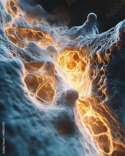 A dynamic 3D rendering of bone cells proliferating and forming new bone structure, with light beams symbolizing the energy and nutrients driving the regeneration process photo