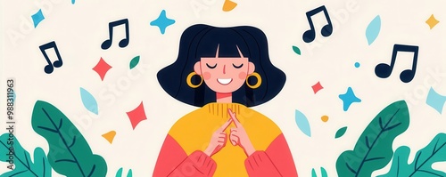 Earworm melody, person tapping fingers to beat, flat design illustration