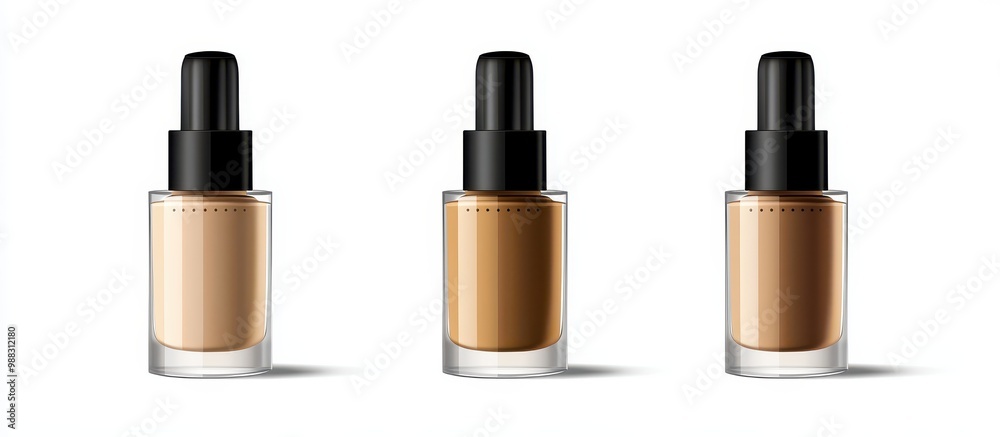 Three Bottles of Liquid Foundation in Different Shades on White Background Three Bottles of Liquid Foundation in Different Shades on White Background