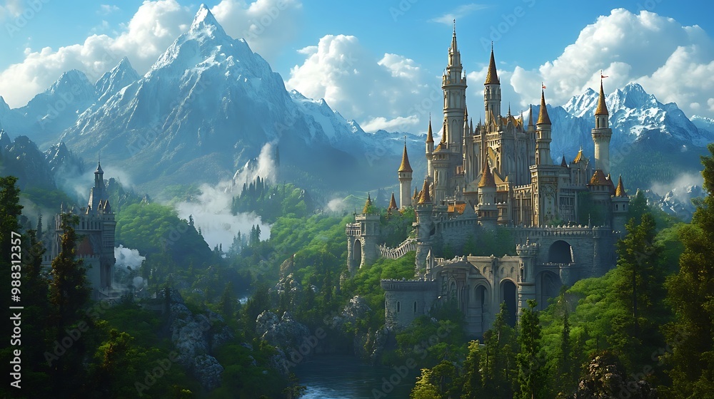 Fototapeta premium A fantasy kingdom in 4D animation with evil queens ruling over animated elves, fairies, and magical animals, with enchanted castles towering over mystical forests 