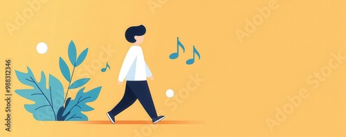 Person walking with a tune in mind, earworm effect, flat design illustration