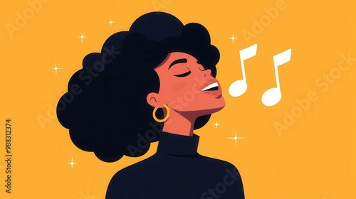 Whistling a catchy earworm tune, joyful expression, flat design illustration photo