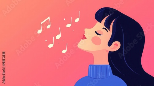 Whistling a catchy earworm tune, joyful expression, flat design illustration photo