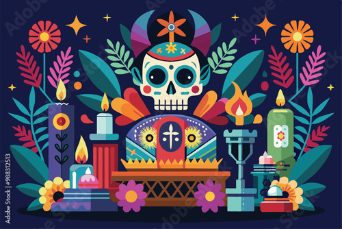 A beautifully arranged altar for Dia de Muertos, showcasing a large skull, flowers, candles, and vibrant decorations in tribute to loved ones.