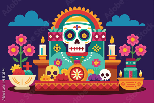 A vibrant altar for Dia de Muertos is adorned with colorful flowers, candles, and decorative skulls honoring loved ones who have passed.
