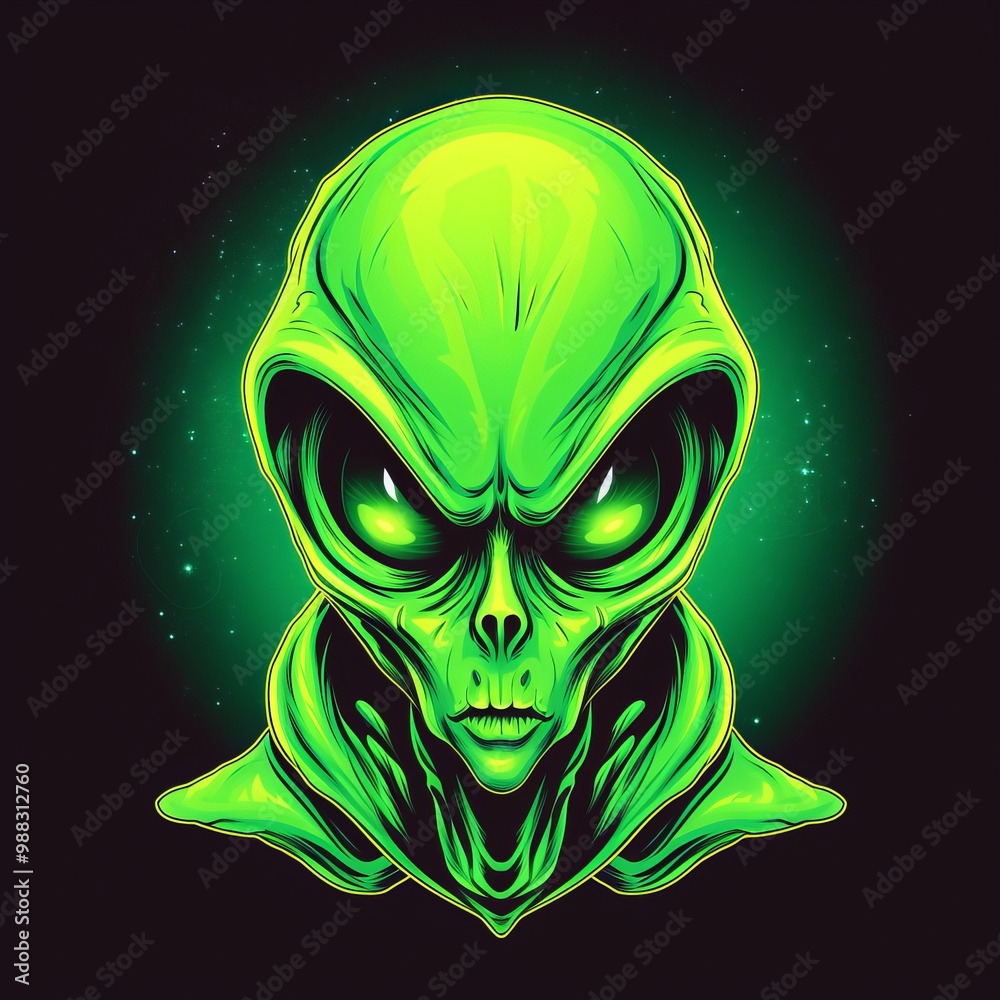 Green Alien with Glowing Eyes Against a Dark, Starry Background Green Alien with Glowing Eyes Against a Dark, Starry Background