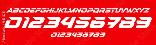 Racing typography, angular italic numbers and letters, bold speed font for motorsport logos, energy sport branding, futuristic tech designs. Vector typeset