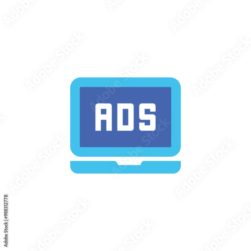 Digital Advertising Icon: A modern, vibrant illustration of a laptop displaying the word "ADS" prominently, representing the core concept of digital advertising in a simplified yet engaging design.