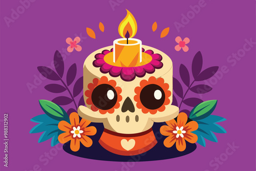 A vibrant, cartoon-style Dia de Muertos candle features a decorated skull, vibrant flowers, and greenery in a festive arrangement.