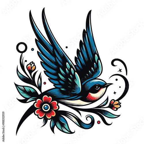 American Traditional Swallow Tattoo Design Blue Bird with Flowers Illustration