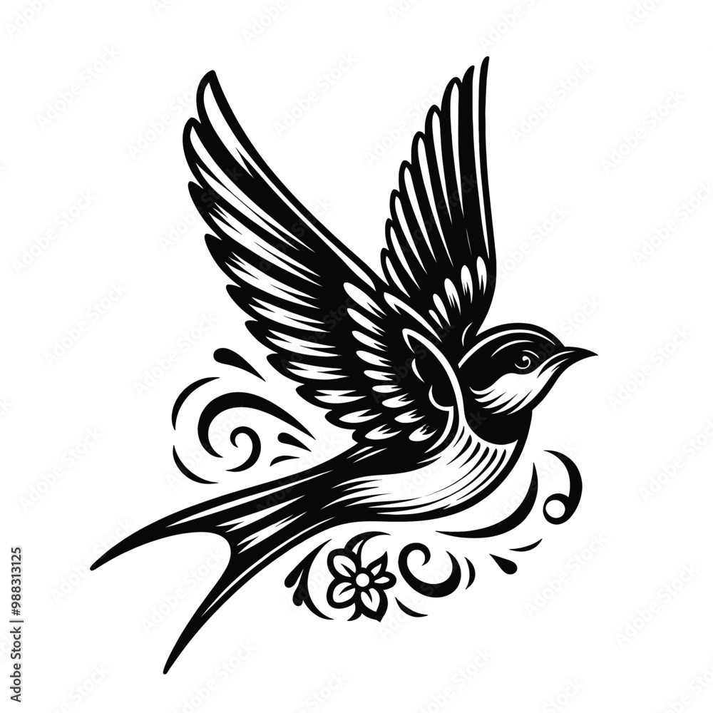 Fototapeta premium Elegant Black and White Swallow Bird Illustration Vintage Tattoo Design