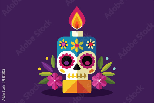 A decorative candle adorned with a colorful skull, flowers, and leaves, celebrating Dia de Muertos, blending tradition and creativity in a festive design.