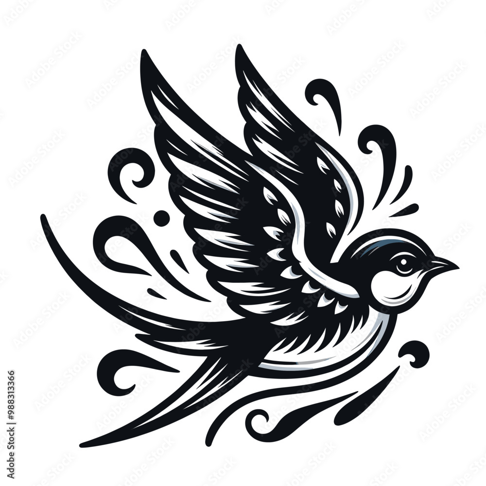 Obraz premium Elegant Swallow Bird Illustration Vintage Tattoo Style Vector Art