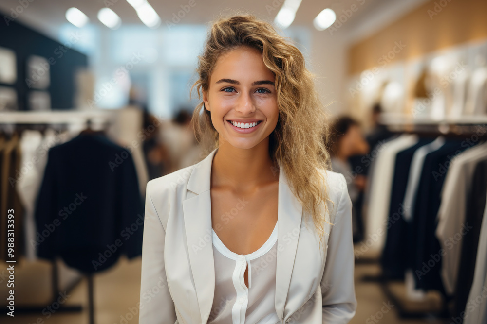 A young saleswoman in a fashionable clothing store greets clients, visitors, and customers with a smile. A young saleswoman in a fashionable clothing store greets clients, visitors, and customers with a smile.