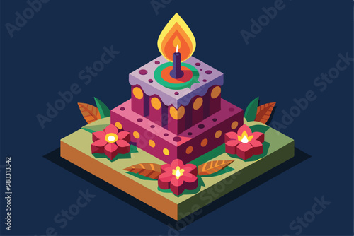 A vibrant isometric candle centerpiece designed for Dia de Muertos, surrounded by colorful flowers and leaves, capturing the festive spirit.