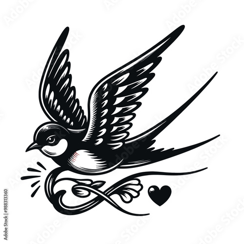 Vintage Swallow Bird Tattoo Design Black Ink Illustration