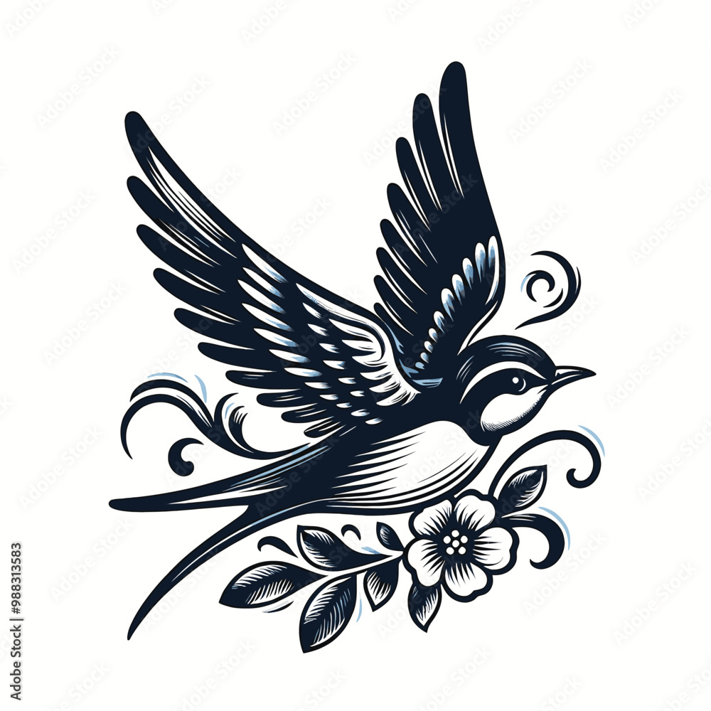 Obraz premium Elegant Swallow Bird Tattoo Design with Floral Accents Vector Illustration