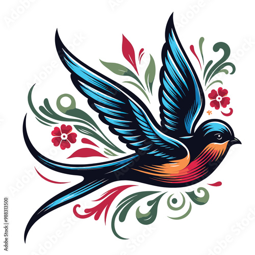Vibrant Swallow Bird Illustration with Floral Design Vector Art
