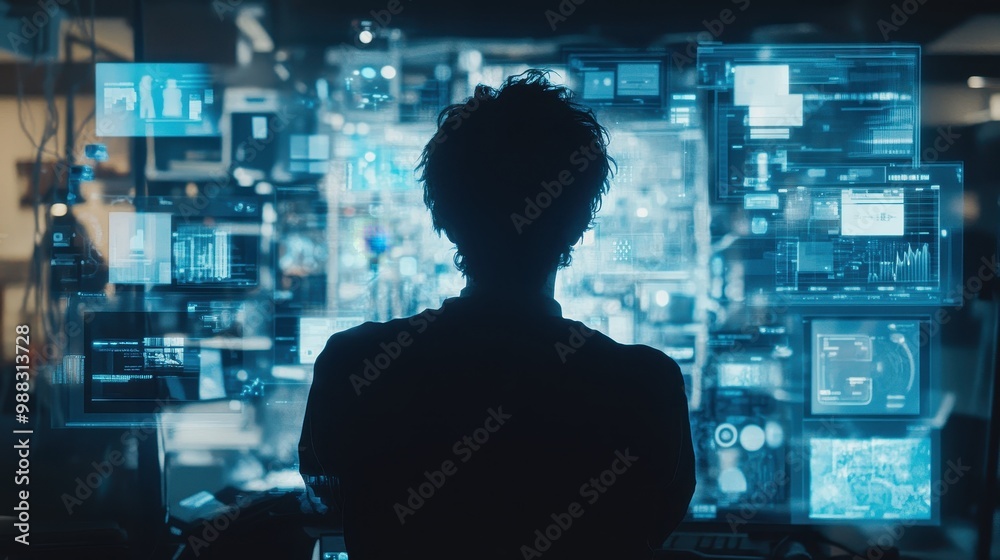 Silhouette of Person in Front of Futuristic Digital Interface Silhouette of Person in Front of Futuristic Digital Interface