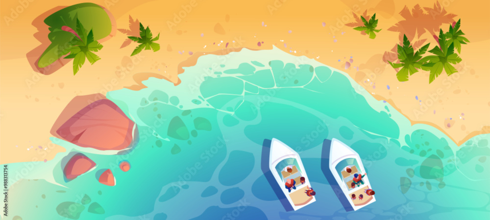 Naklejka premium Top view on sea or ocean beach with blue and turquoise water wave with white foam, sand on shore, palm trees and stones, two yachts with people on board. Cartoon vector aerial pov on tropical harbor.