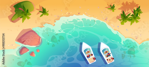 Top view on sea or ocean beach with blue and turquoise water wave with white foam, sand on shore, palm trees and stones, two yachts with people on board. Cartoon vector aerial pov on tropical harbor.