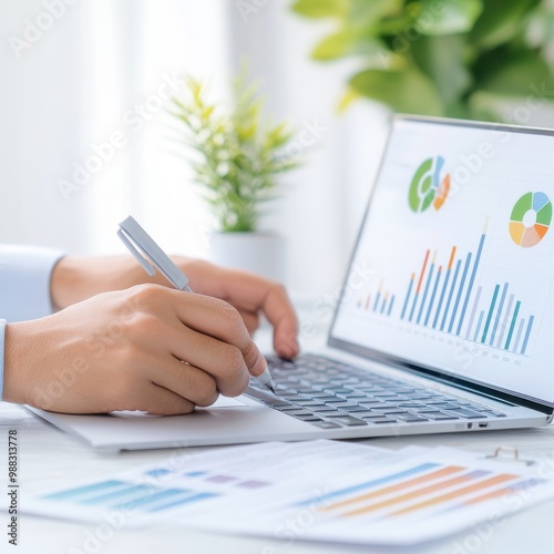 A professional office scene with a person analyzing data on a laptop, surrounded by charts and a vibrant indoor plant.