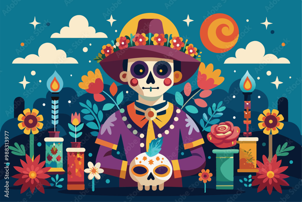 Naklejka premium A lively Dia de Muertos celebration features a skeleton adorned with flowers, surrounded by candles, offerings, and vibrant floral decorations.