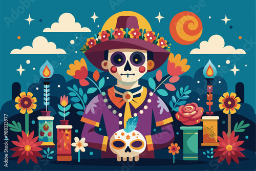 A lively Dia de Muertos celebration features a skeleton adorned with flowers, surrounded by candles, offerings, and vibrant floral decorations.