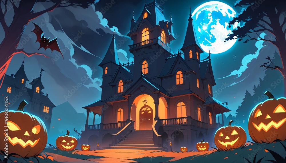 illustration of a Halloween night with moon and pumpkin background illustration of a Halloween night with moon and pumpkin background
