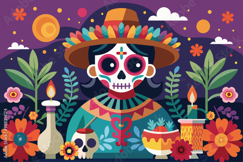 A festive altar depicts offerings, flowers, and candles for Dia de Muertos, honoring loved ones with vibrant colors and traditional symbols during evening celebrations.