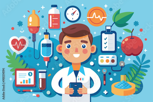 A doctor reviews diabetes-related data while surrounded by colorful health tools and symbols, showcasing diabetes management and patient care.