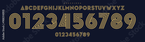 Art deco typography, bold geometric linear numbers and letters, decorative luxury font for elegant event invites, sophisticated product packaging, sports branding, jersey numbers, team merchandise