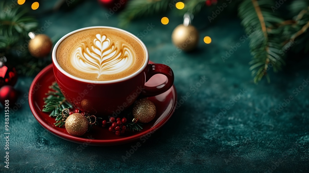 Christmas cup of coffee with latte art, placed on a red saucer with Christmas decorations, against a dark green background Christmas cup of coffee with latte art, placed on a red saucer with Christmas decorations, against a dark green background