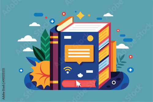 A flat illustration showcases a customizable dictionary surrounded by vibrant leaves and decorative symbols, emphasizing creativity and learning.
