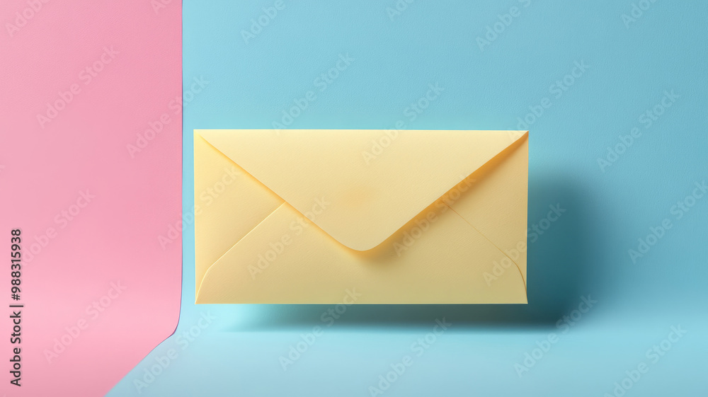 Yellow envelope on pastel pink and blue background Yellow envelope on pastel pink and blue background