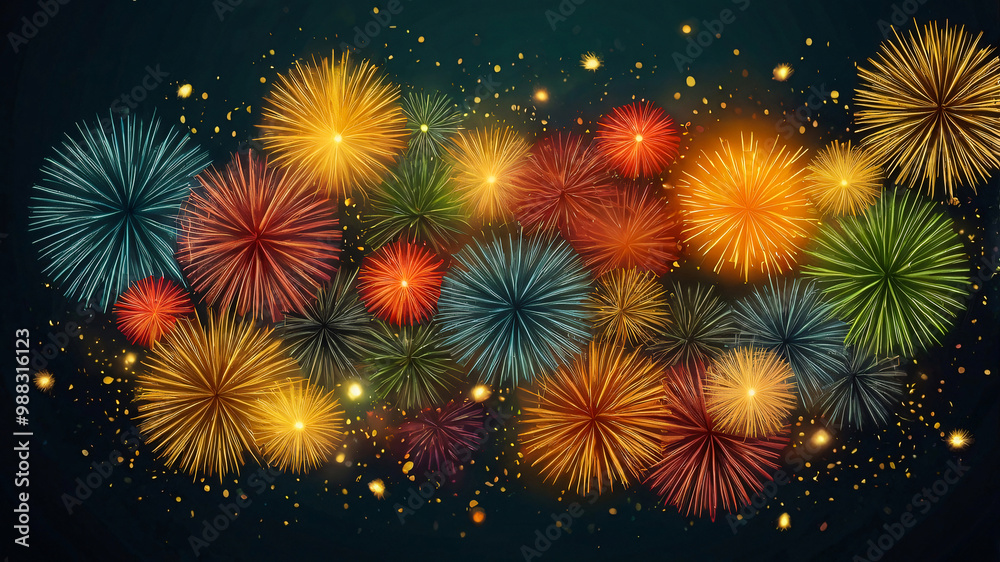 Vibrant display of colorful firecrackers resembling flowers lights up the night sky in celebration of iDiwali. Bright fireworks in purple gold create festive atmosphere, marking countdown to new year. Vibrant display of colorful firecrackers resembling flowers lights up the night sky in celebration of iDiwali. Bright fireworks in purple gold create festive atmosphere, marking countdown to new year.