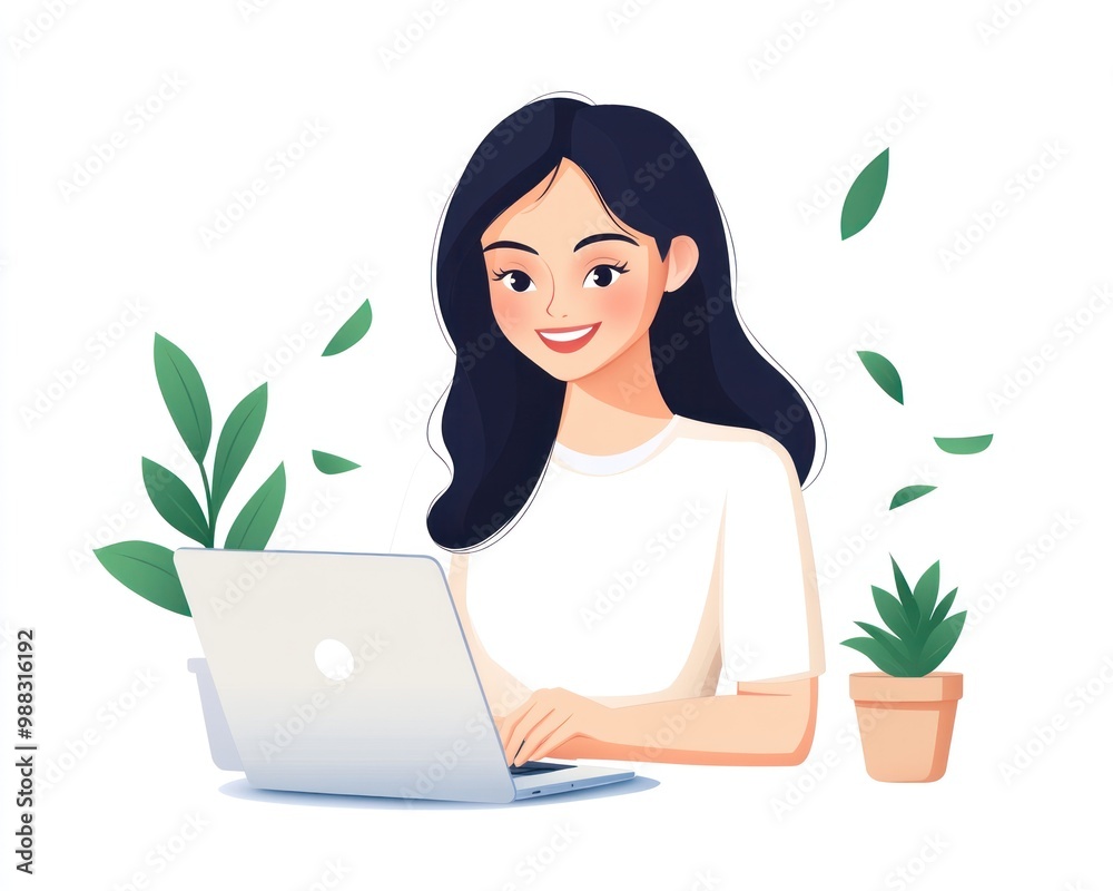 A businesswoman typing a loan proposal on a laptop in a modern office, surrounded by plants A businesswoman typing a loan proposal on a laptop in a modern office, surrounded by plants