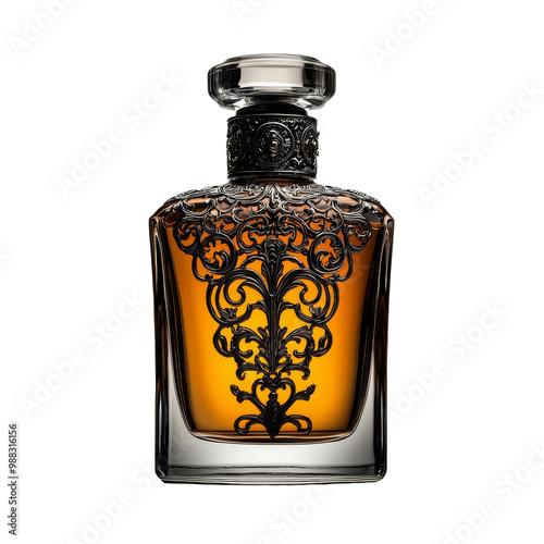 A bottle of perfume with a gold and black design