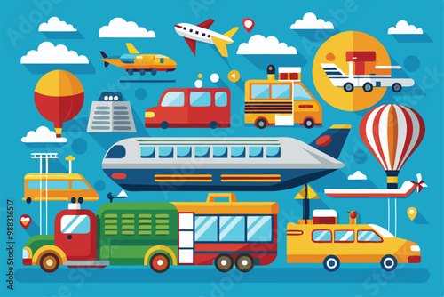 A colorful representation showcases diverse transportation modes including planes, cars, buses, boats, and more against a bright blue backdrop.