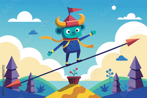 A character in a vibrant outfit carefully balances on a thin thread above a scenic landscape filled with trees and whimsical elements.