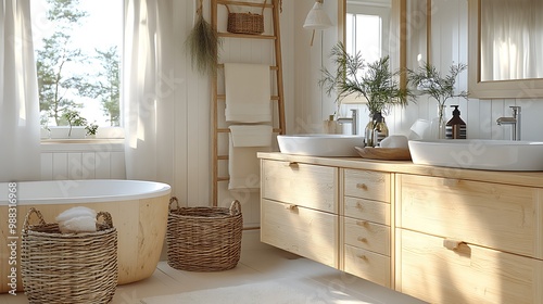 A Nordic-inspired bathroom with light wood cabinets, a wooden ladder towel rack, and woven baskets for storage. The soft natural lighting and clean white walls enhance the cozy, minimalist design,