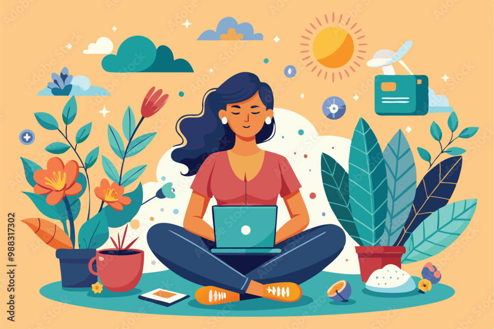 A woman practices digital detox by using her laptop while surrounded by colorful plants and a cheerful atmosphere, enjoying a peaceful moment of connection. A woman practices digital detox by using her laptop while surrounded by colorful plants and a cheerful atmosphere, enjoying a peaceful moment of connection.