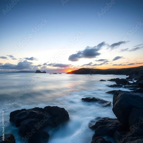 Long exposure shot of the seascape in Guernsey during a sunset