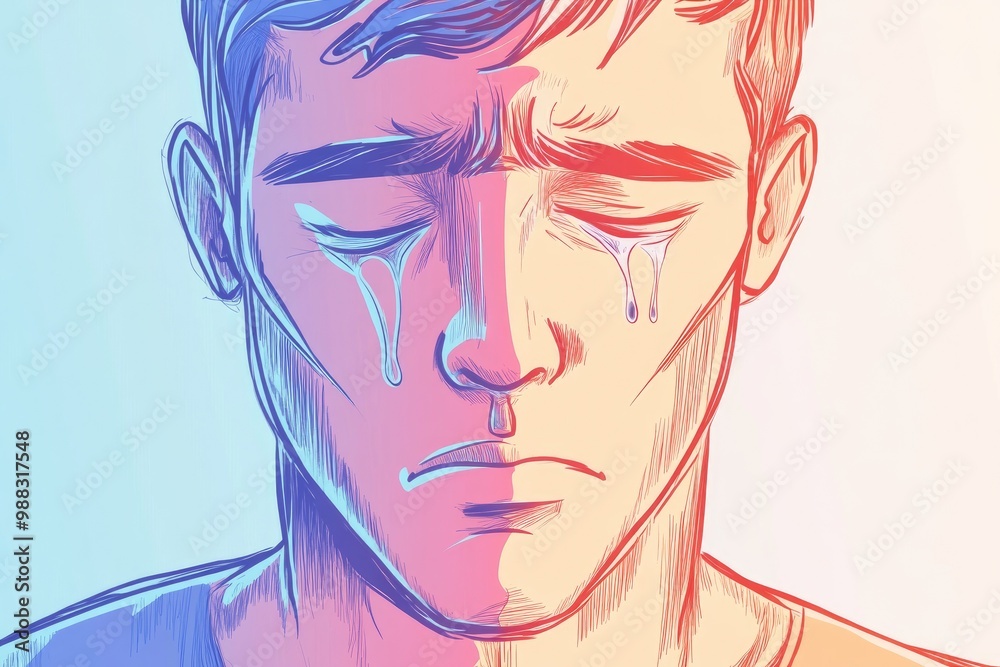 Line art illustration featuring a cold gradient drawing of a cartoon man with tears Line art illustration featuring a cold gradient drawing of a cartoon man with tears